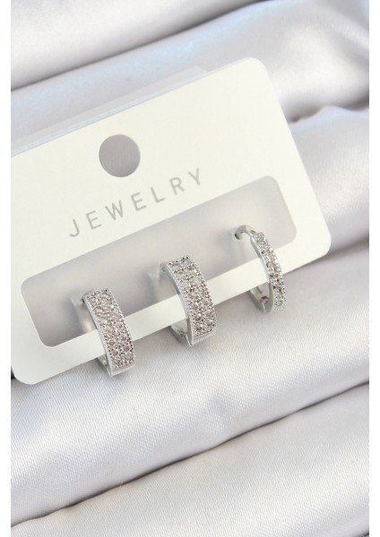 Bfs Pirinç Zirkon Taşlı Halka Model Gümüş Renk 3'lü Çift Kadın Küpe Set