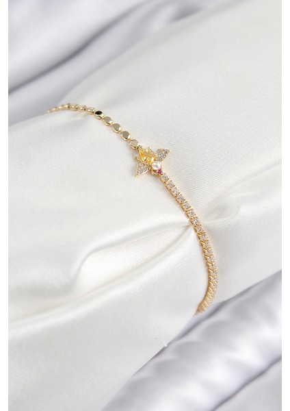 Bfs Pirinç Zirkon Taşlı Arı Model Ezme Zincir Gold Renk Kadın Bileklik