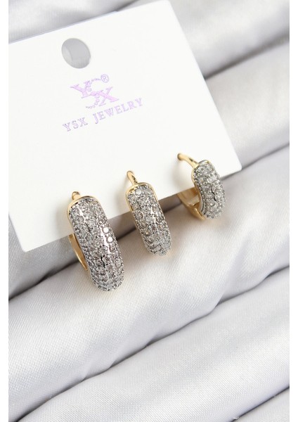 Bfs Pirinç Zirkon Taşlı 3'lü Halka Model Gold ve Gümüş Renk Kadın Küpe