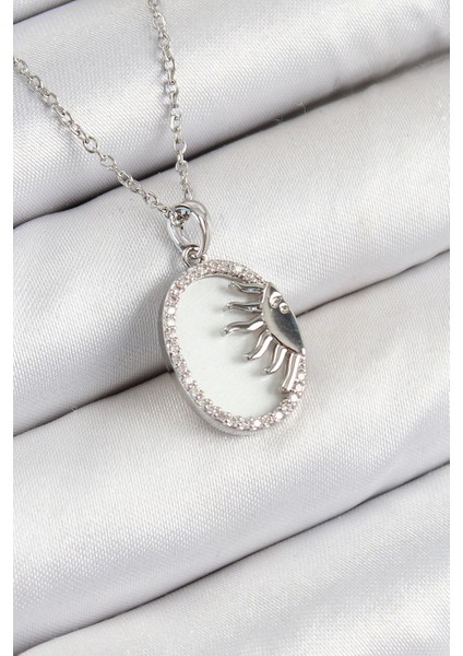 Bfs 316L Çelik Zirkon Taşlı Yarım Güneş Model Gümüş Renk Kadın Kolye