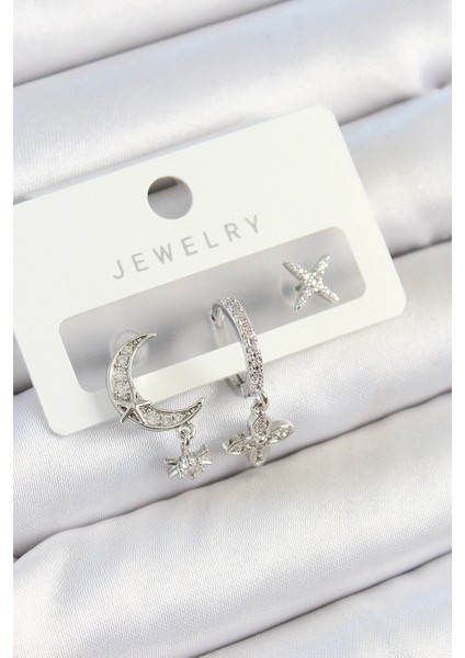 Bfs Pirinç Zirkon Taşlı Çiçek ve Ay Model Gümüş Renk 3'lü Çift Kadın Küpe Set