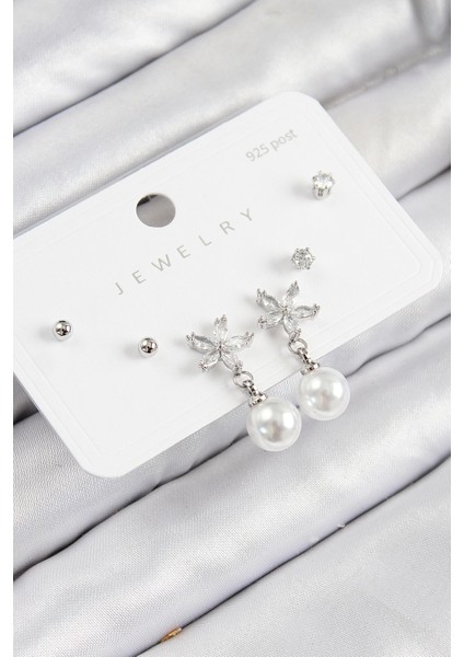 Bfs Pirinç Zirkon Taşlı Inci Sallantılı Çiçek Model Gümüş Renk 925 Ayar Gümüş Çivi Kadın Küpe Set