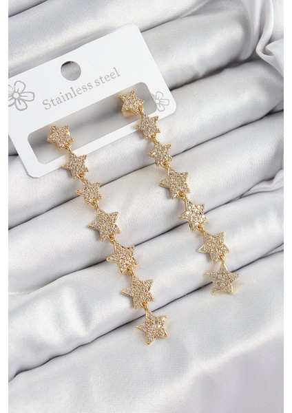 Bfs Pirinç Zirkon Taşlı Sallantılı Yıldız Model Gold Renk Kadın Küpe