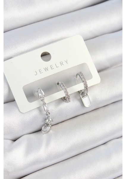 Bfs Pirinç Zirkon Taşlı Sallantılı Model Gümüş Renk 3'lü Çift Kadın Küpe Set