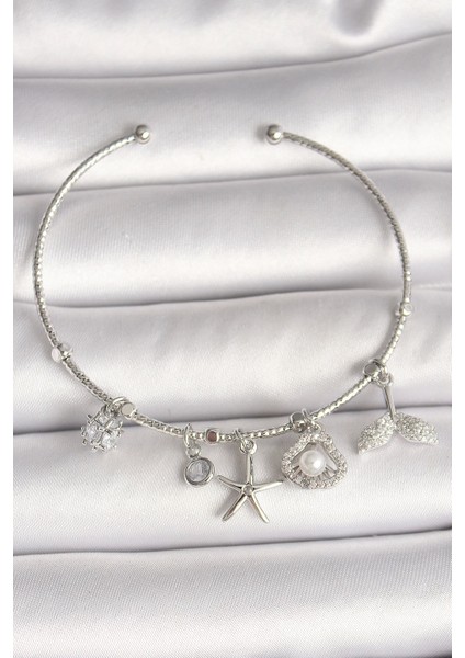 Bfs Pirinç Gümüş Renk Sallantı Zirkon Taşlı Deniz Yıldız Figür Balık Kuyruğu Detay Charm Kadın Bileklik