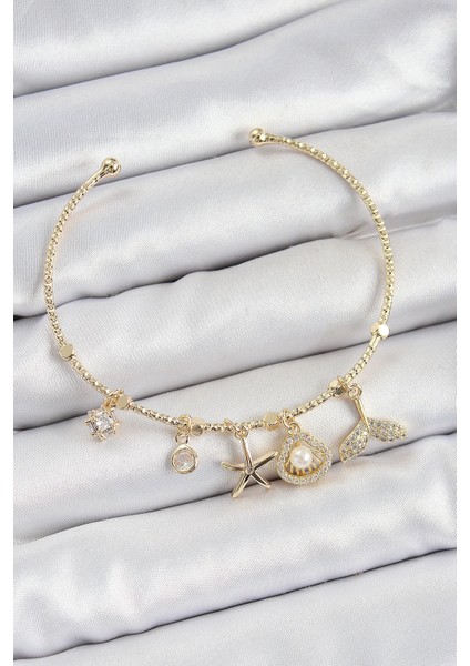 Bfs Pirinç Zirkon Taşlı Istiridye ve Deniz Yıldızı Model Gold Renk Charm Bileklik