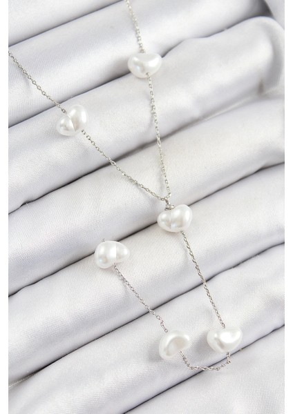 Bfs 316L Çelik Incili Kalp Figürlü Y Model Gümüş Renk Kadın Kolye