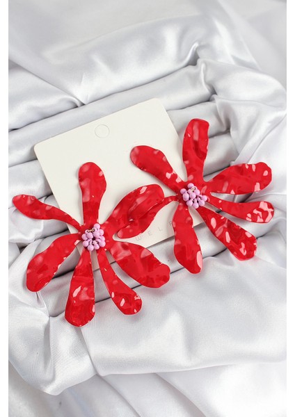 Bfs Pirinç Büyük Kırmızı Çiçek Model Kadın Küpe