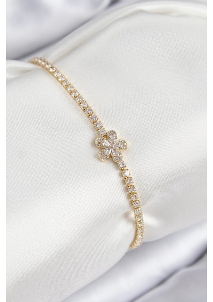 Bfs Pirinç Zirkon Taşlı Çiçek Model Gold Renk Kadın Bileklik