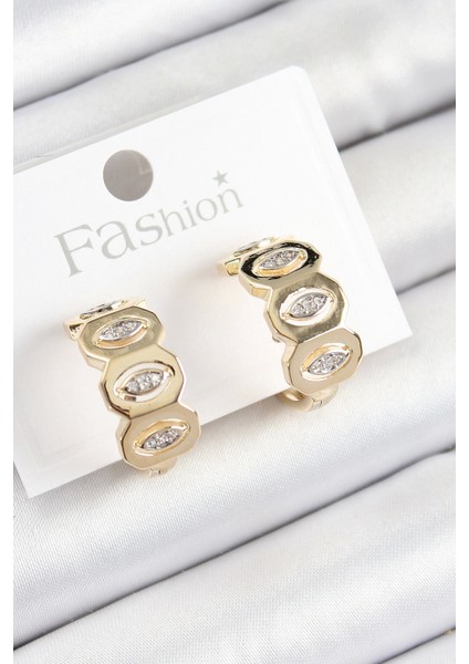 Bfs Pirinç Zirkon Taşlı Damla Figürlü Halka Model Gold Renk Kadın Küpe