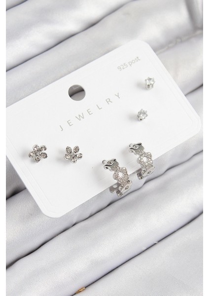 Bfs Pirinç Zirkon Taşlı Halka Model Gümüş Renk 925 Ayar Gümüş Çivi Kadın Küpe Set