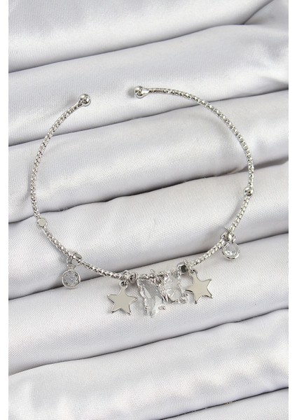 Bfs Pirinç Zirkon Taşlı Kelebek ve Yıldız Model Gümüş Renk Charm Bileklik