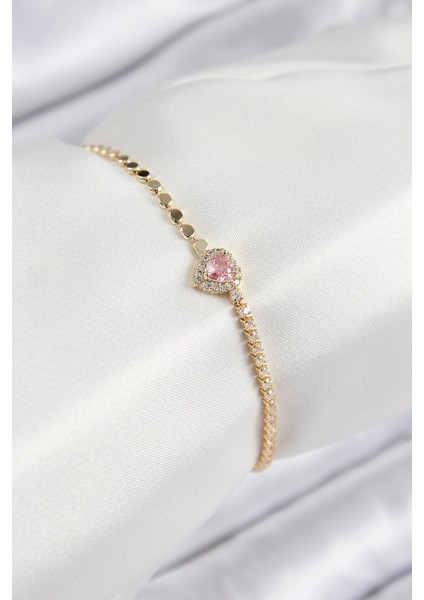 Bfs Pirinç Zirkon Taşlı Kalp Model Ezme Zincir Gold Renk Kadın Bileklik