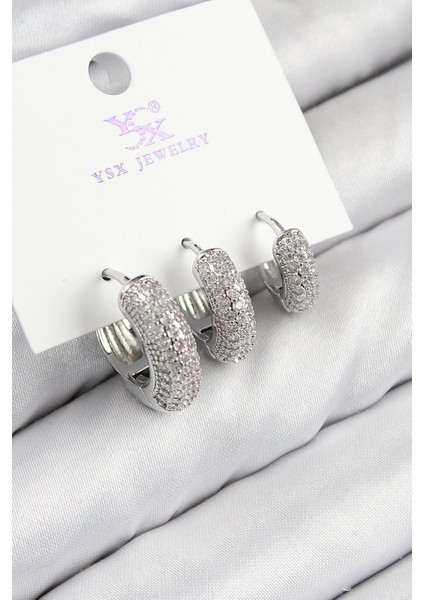 Bfs Pirinç Zirkon Taşlı 3'lü Halka Model Gümüş Renk Kadın Küpe