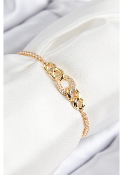 Bfs Pirinç Zirkon Taşlı Zincir Model Gold Renk Asansörlü Kadın Bileklik