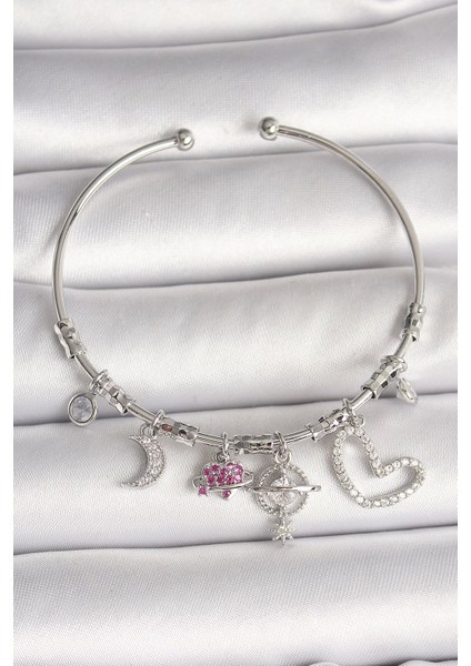 Bfs Pirinç Gümüş Renk Sallantı Zirkon Taşlı Gezegen Figür Kalp Detay Charm Kadın Bileklik