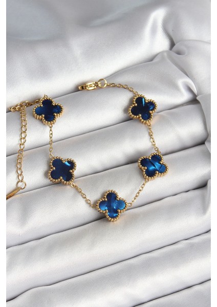 Bfs 316L Çelik Sedefli Lacivert Gold Renk Yonca Kadın Bileklik