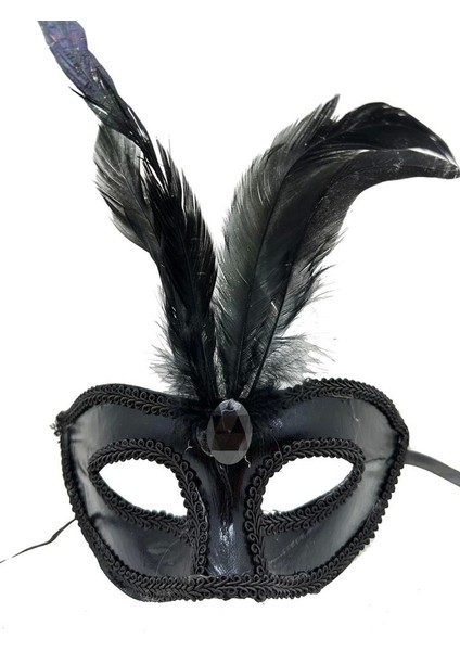 Bfs Siyah Renk Rugan Kaplama Kırmızı Tüylü Parti Maskesi 18X20 cm