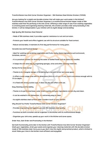 Bfs Inox Lavabo Köşe Süzgeci Organizer 304 Paslanmaz Çelik