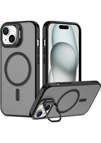 iPhone 13/ iPhone 14 Uyumlu Kameradan Standlı Kamera Kısmı Cam Korumalı Arkası Mat Renkli Kılıf