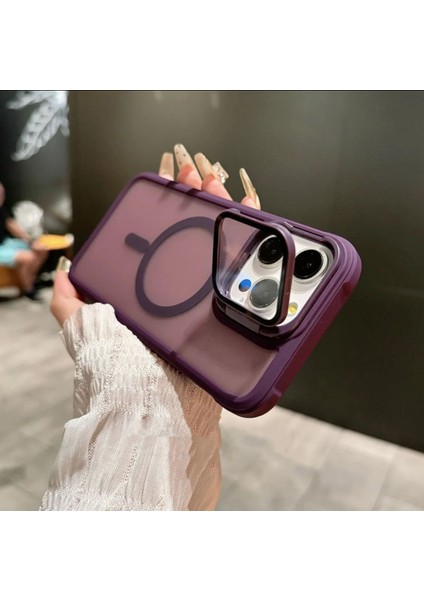 iPhone 13/ iPhone 14 Uyumlu Kameradan Standlı Kamera Kısmı Cam Korumalı Arkası Mat Renkli Kılıf