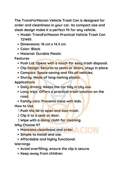 Bfs Araç Çöp Kovası Pratik