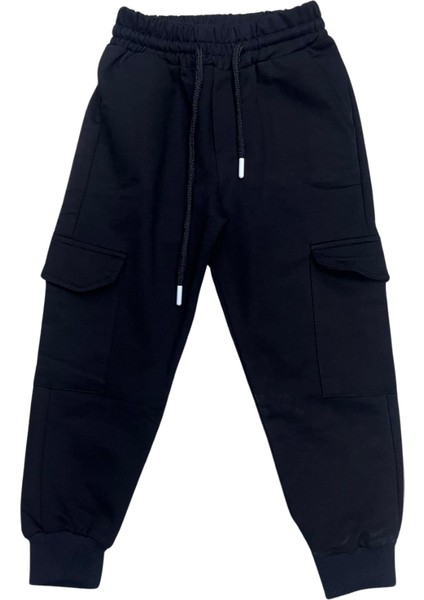 Unisex Çocuk Siyah Kargo Cepli Eşofman Altı Kompak Kumaş