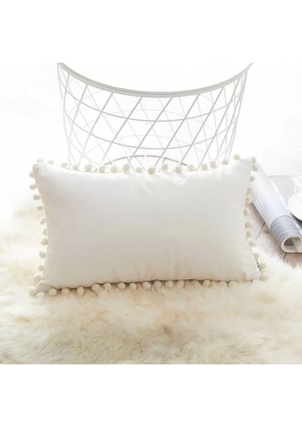 Ponponlu Kadife Dokulu Dekoratif Kırlent Kılıfı