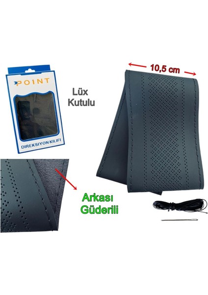 Siyah Direksiyon Kılıfı Dikişli Siyah Iplikli Nokta Desenli Estetik Görünümlü Direksiyon Kılıfı