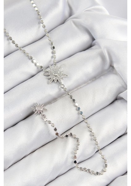 Bfs Pirinç Zirkon Taşlı Ezme Zincirli Kutup Yıldızı Model Gümüş Renk Y Kolye