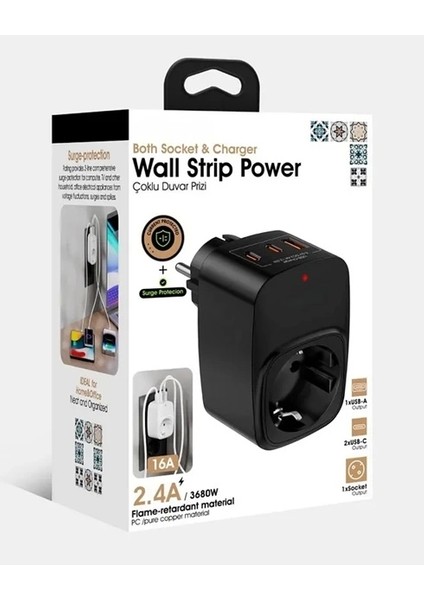 Tekli Yüksek Voltaj Korumalı Duvar Prizi 2x Type-C 1x USB Çıkışlı Priz Grup Priz Çoğaltıcı fırsatları