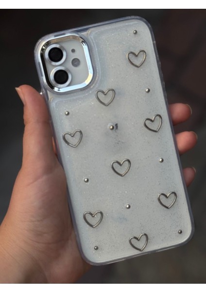 Iphone 11 Uyumlu Minik Kiraz Işlemeli Simli Parlak Detaylı Epoksili Kılıf