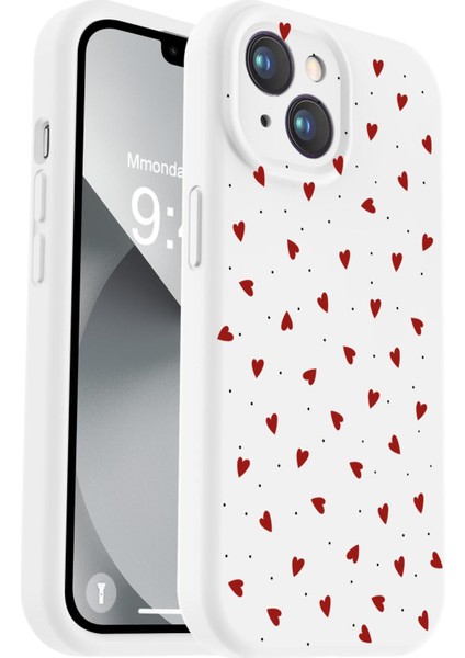 iPhone 13/ 14 Uyumlu Içi Kadifeli Özel Baskılı Renkli Kalp Tasarımlı Baskılı Lansman Kılıf