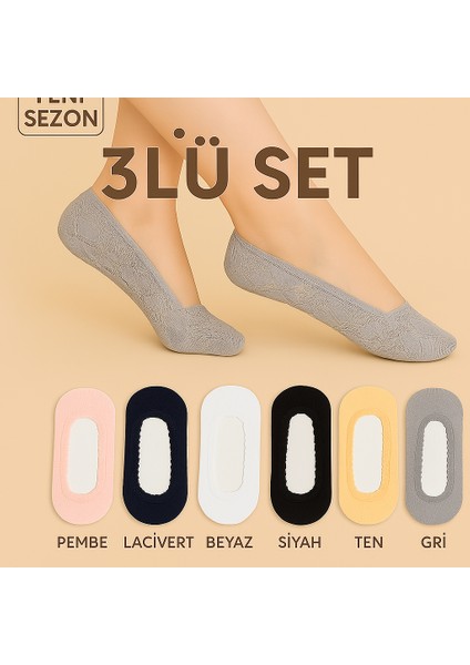 Kadın Içi Silikonlu Dantel Görünmez Babet 3lu Set