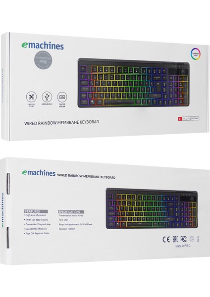 eMachines EAK860 Siyah USB Rainbow Aydınlatmalı Q Standart Kompakt Klavye