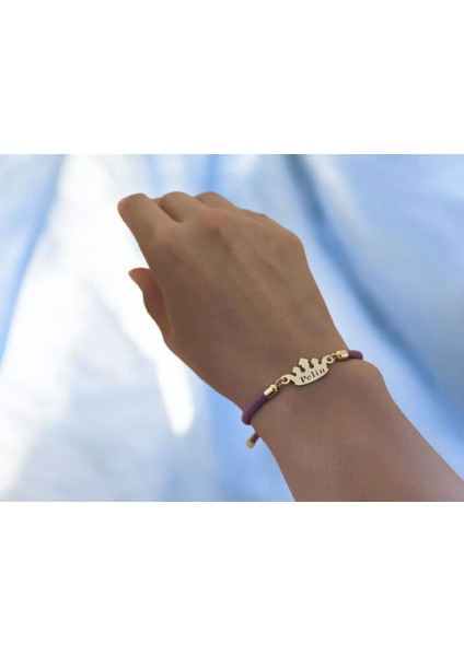 14 Ayar Altın Plakalı Pelin Ismine Özel Taç Motifli Mor Ipek Örgülü Hediye BILEKLIK-622ISIM