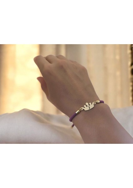 14 Ayar Altın Plakalı J Harfine Özel Mor Ipek Örgülü Taç Motifli Hediye BILEKLIK-622HARF