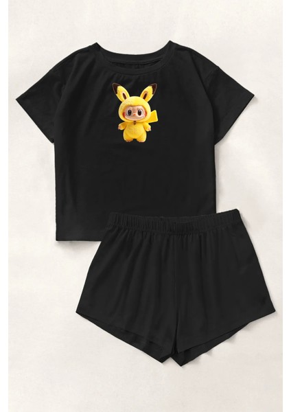 Blacked Labubu Pikachu Baskılı Şort Takımı