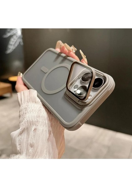 iPhone 15 Pro Uyumlu Standlı Kamera Kısmı Cam Korumalı Arkası Mat Renkli Magsafe Kılıf
