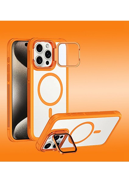 iPhone 15 Pro Uyumlu Standlı Kamera Kısmı Cam Korumalı Arkası Mat Renkli Magsafe Kılıf