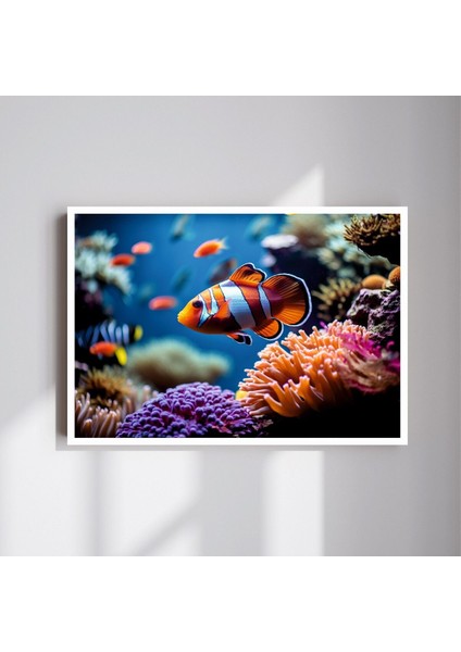 Balık Deniz Büyük Boy Renkli Solmaz Kaliteli Baskı Çerçeve Görünümlü Mdf Tablo 70X50CM 42