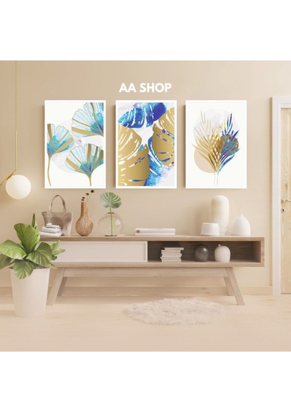 3 Parça Çiçek Yaprak Renkli Solmaz Kaliteli Baskı Çerçeve Görünümlü Mdf Tablo Set 83