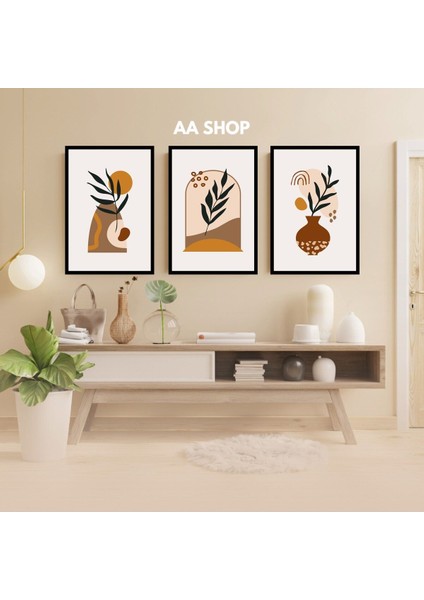 3 Parça Çiçek Yaprak Renkli Solmaz Kaliteli Baskı Çerçeve Görünümlü Mdf Tablo Set 91