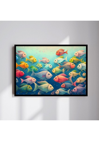 Balık Hayvan Büyük Boy Renkli Solmaz Kaliteli Baskı Çerçeve Görünümlü Mdf Tablo 70X50CM 68