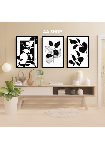 3 Parça Çiçek Yaprak Renkli Solmaz Kaliteli Baskı Çerçeve Görünümlü Mdf Tablo Set 43