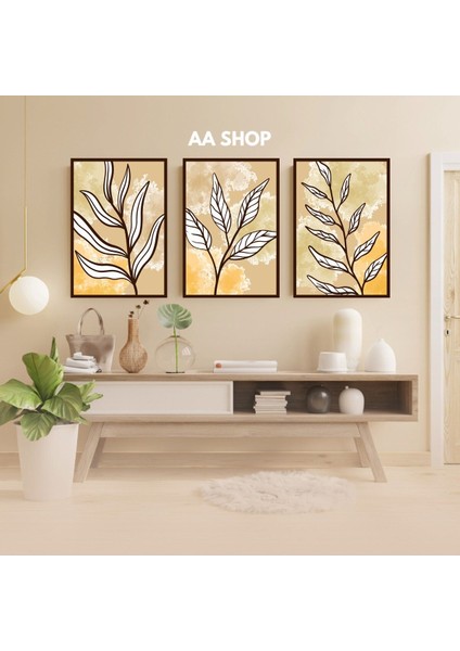 3 Parça Çiçek Yaprak Renkli Solmaz Kaliteli Baskı Çerçeve Görünümlü Mdf Tablo Set 81