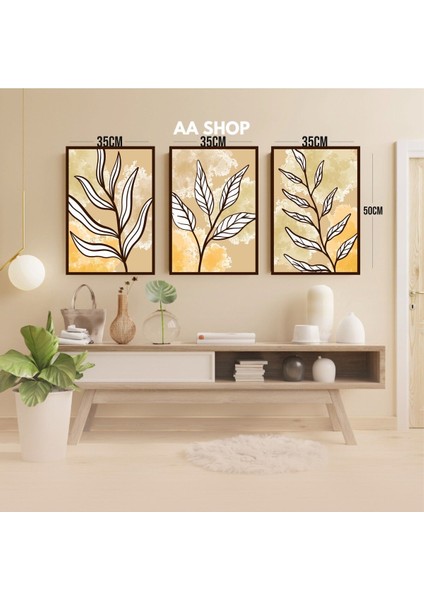 3 Parça Çiçek Yaprak Renkli Solmaz Kaliteli Baskı Çerçeve Görünümlü Mdf Tablo Set 81 modelleri