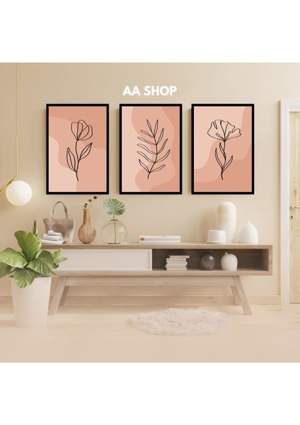 3 Parça Çiçek Yaprak Renkli Solmaz Kaliteli Baskı Çerçeve Görünümlü Mdf Tablo Set 10