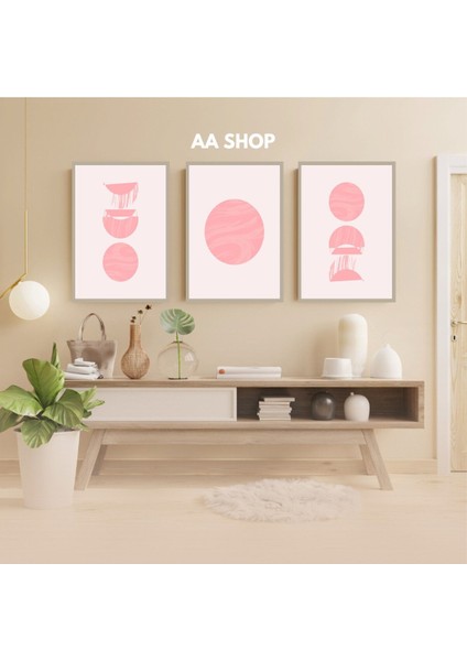 3 Parça Pembe Renkli Solmaz Kaliteli Baskı Çerçeve Görünümlü Mdf Tablo Set 13