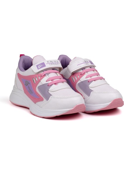 Kız Çocuk Beyaz Pembe Cırtlı Bağcıklı Sneaker Günlük Rahat Spor Ayakkabı